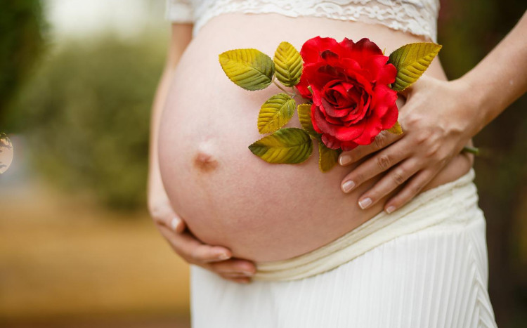 Kobieta w ciąży z różą