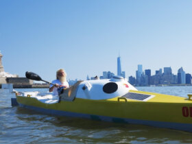 Mężczyzna w łódce na tle Nowego Yorku oraz statuy wolności