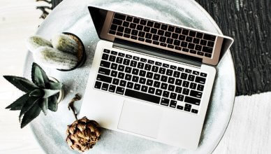 laptop i sukulenty na okrągłym stoliku widok z góry