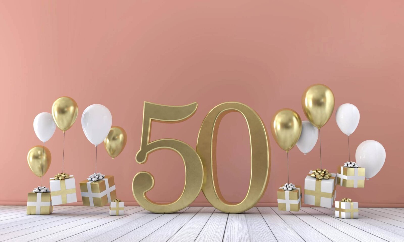 życzenia na 50 urodziny, prezenty i balony na różowym tle