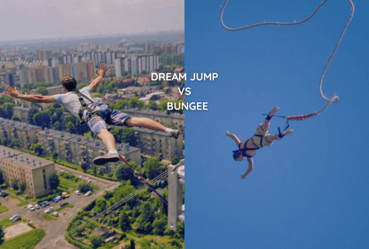 Dream jump na tle miasta, obok skok na bungee. Napis dream jump vs skok na bungee