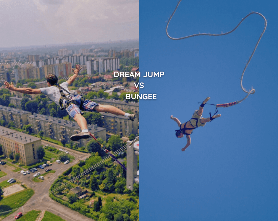 Dream jump na tle miasta, obok skok na bungee. Napis dream jump vs skok na bungee