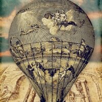 obraz w stylu zabytkowej mapy, przedstawiający historycznie wyglądający balon na gorące powietrze