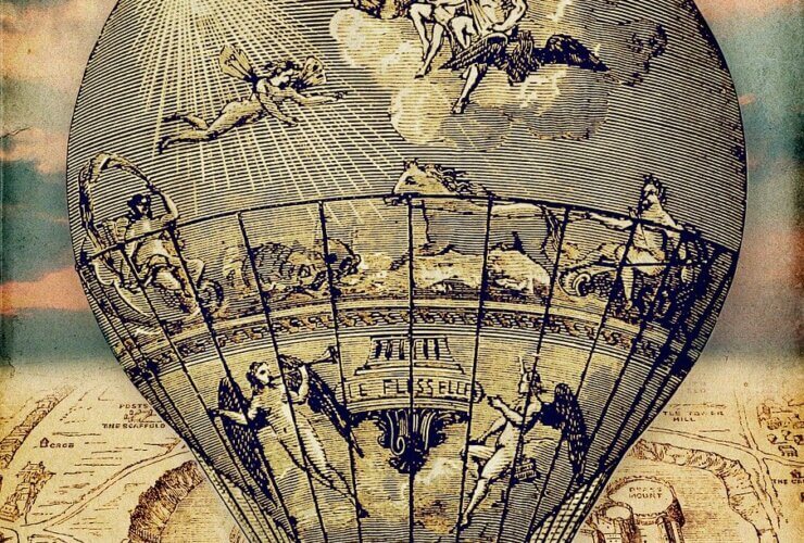 obraz w stylu zabytkowej mapy, przedstawiający historycznie wyglądający balon na gorące powietrze
