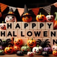 Fraza "Happy Halloween" ułożona z klocków, pośród zabawnych figurek