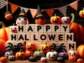 Fraza "Happy Halloween" ułożona z klocków, pośród zabawnych figurek