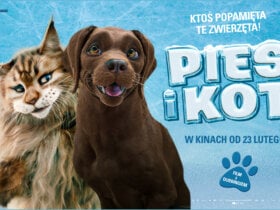 Plakat promujący film Pies i Kot. Na plakacie pies i kot przytuleni do siebie