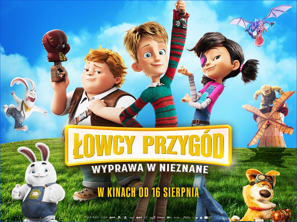 Plakat z premierą filmową przedstawiający trójkę dzieci, zwierzęta i napis "Łowcy Przygód"