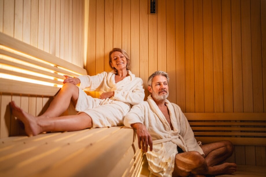 Senior couple relaxing and enjoying well being in sauna